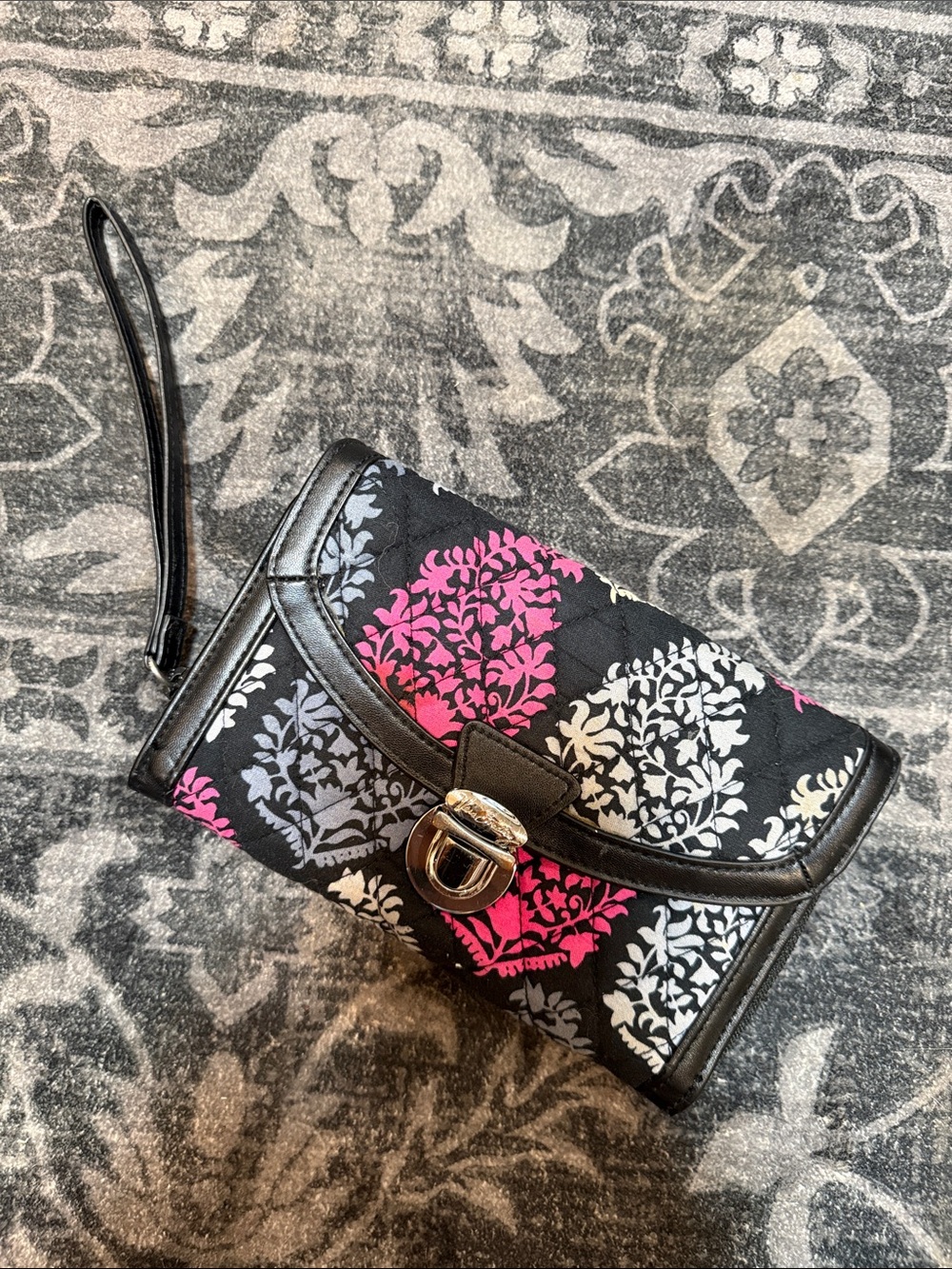 Vera Bradley Black Wristlet Clutch with Pink and White Floral Pattern